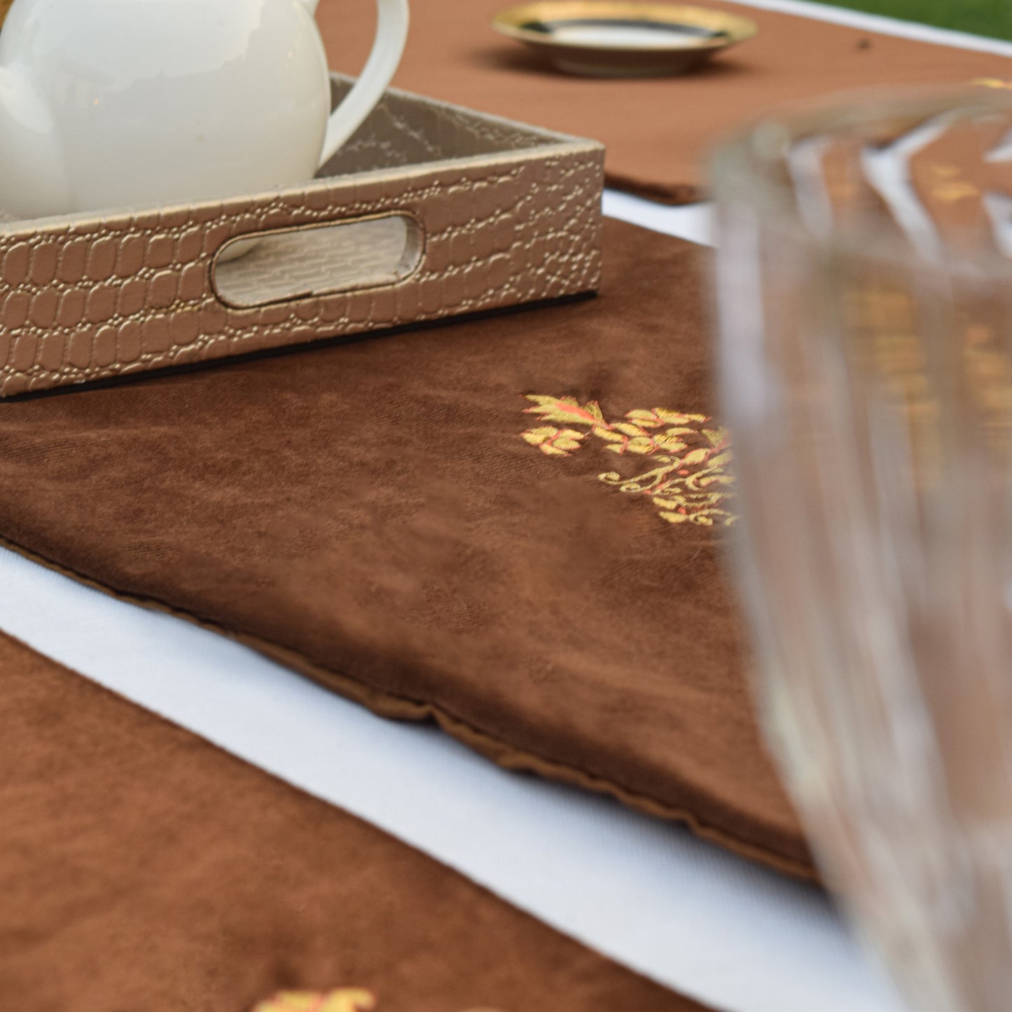 Moca Brown Velvet Embroidered Table Set