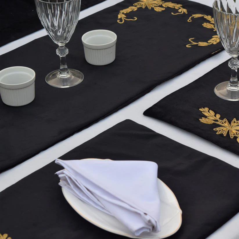 Black Lotus Embroidered Velvet Table Set