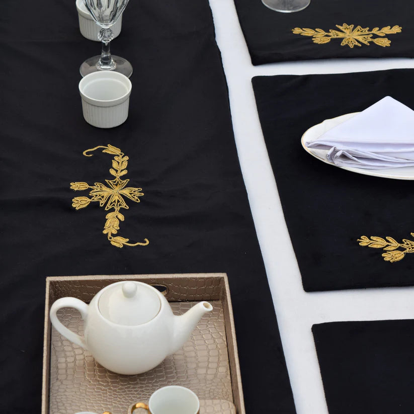 Black Lotus Embroidered Velvet Table Set
