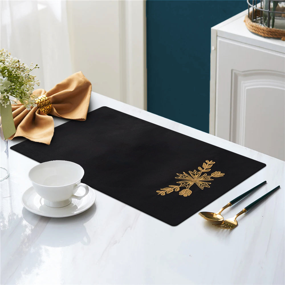 Black Lotus Embroidered Velvet Table Mats