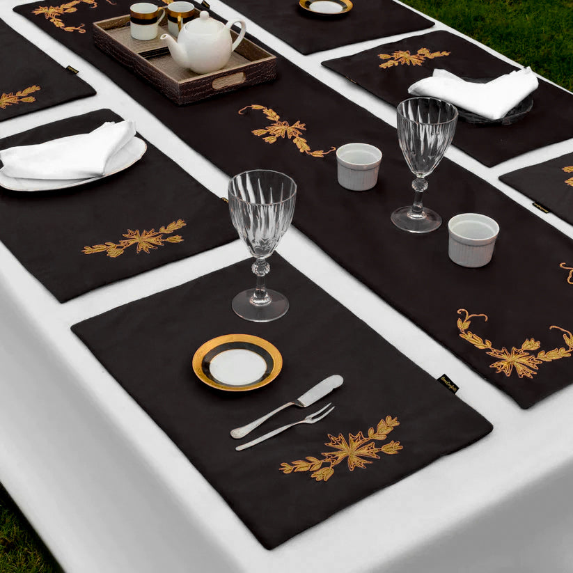 Black Lotus Embroidered Velvet Table Mats