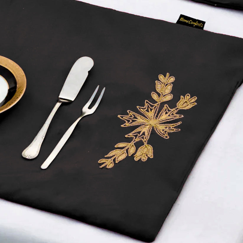 Black Lotus Embroidered Velvet Table Mats