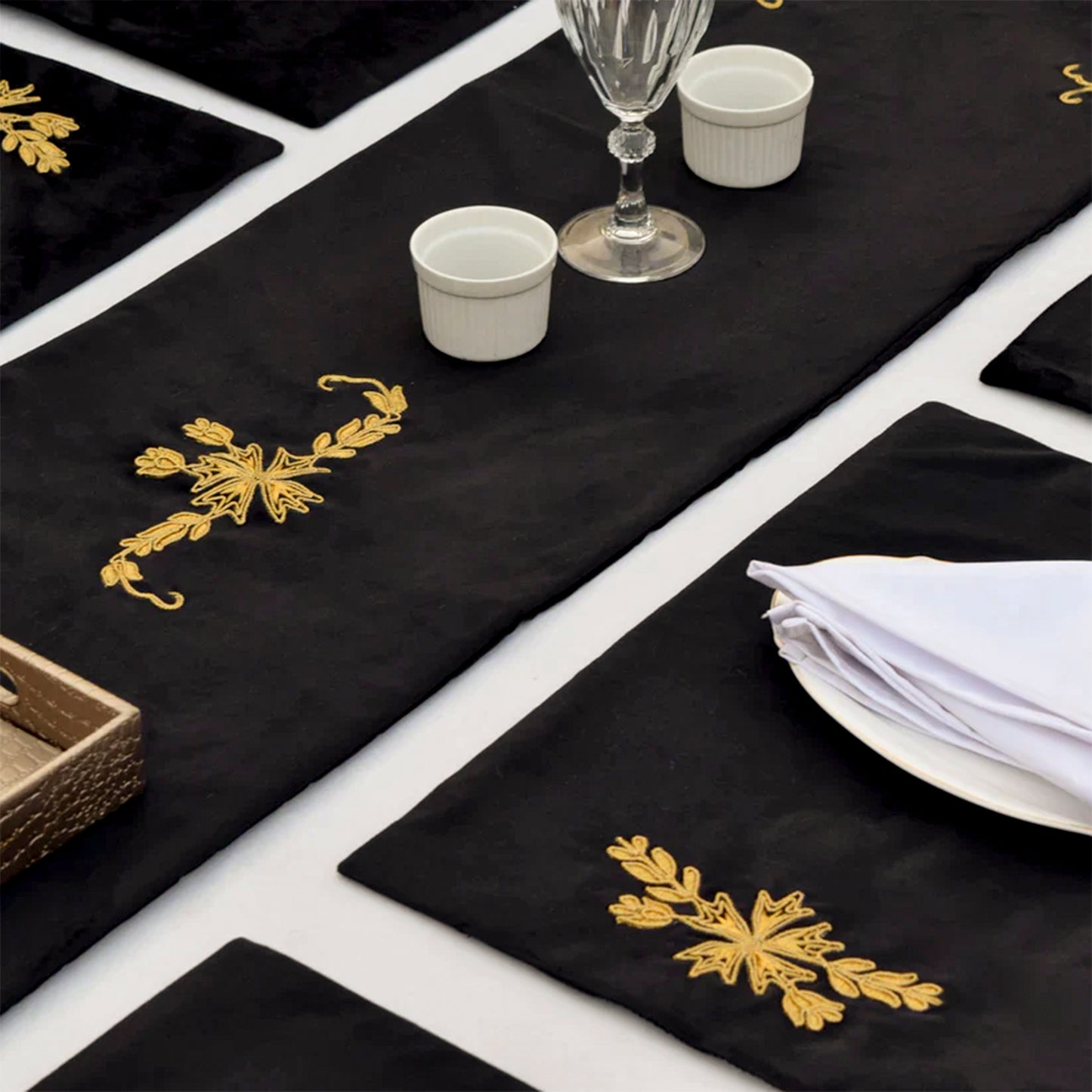 Black Lotus Embroidered Velvet Table Runner
