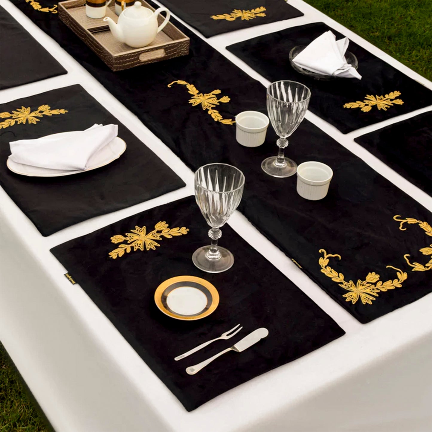 Black Lotus Embroidered Velvet Table Runner