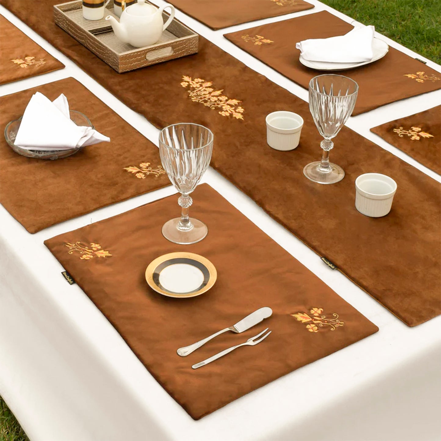 Moca Brown Embroidered Velvet Table Runner