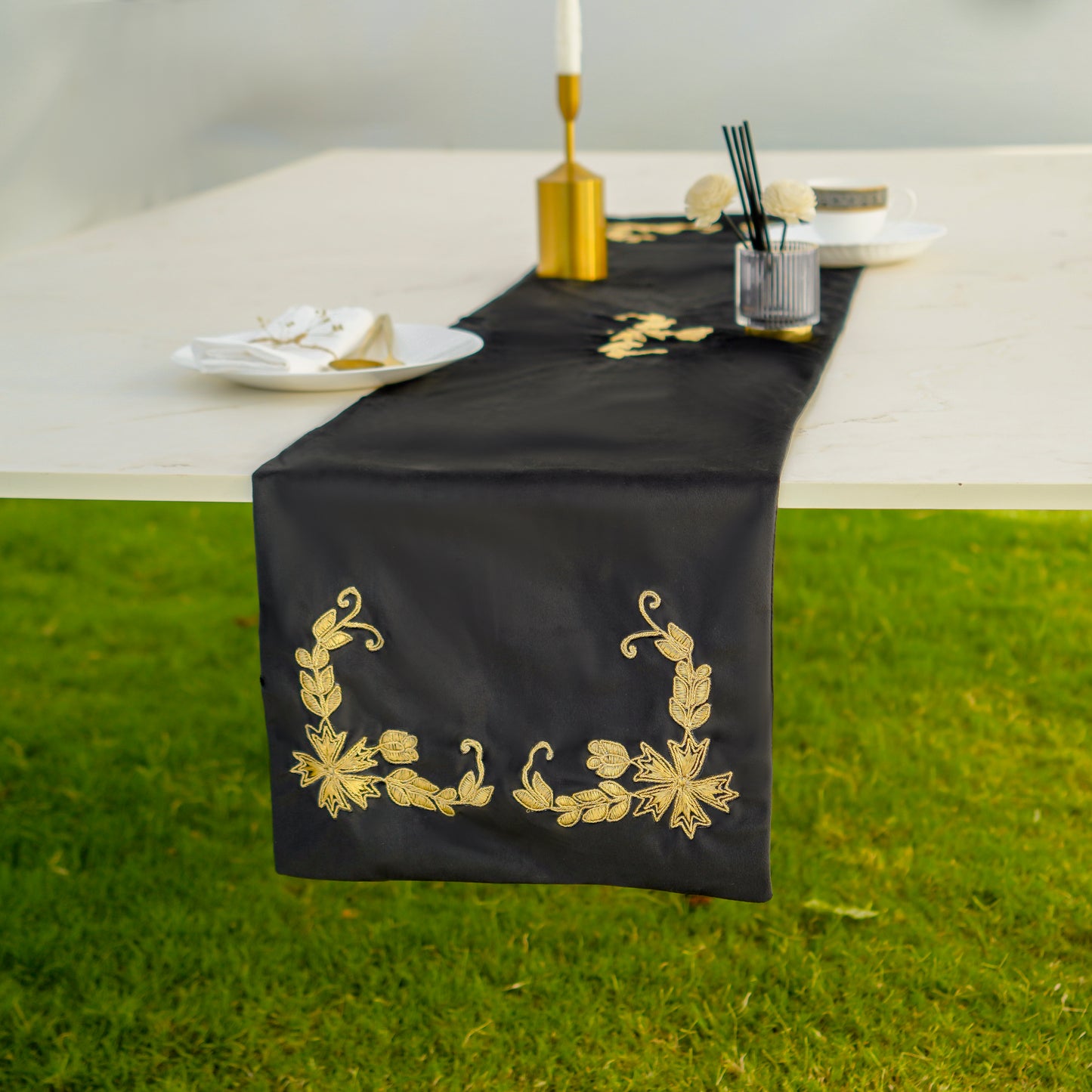 Black Lotus Embroidered Velvet Table Runner
