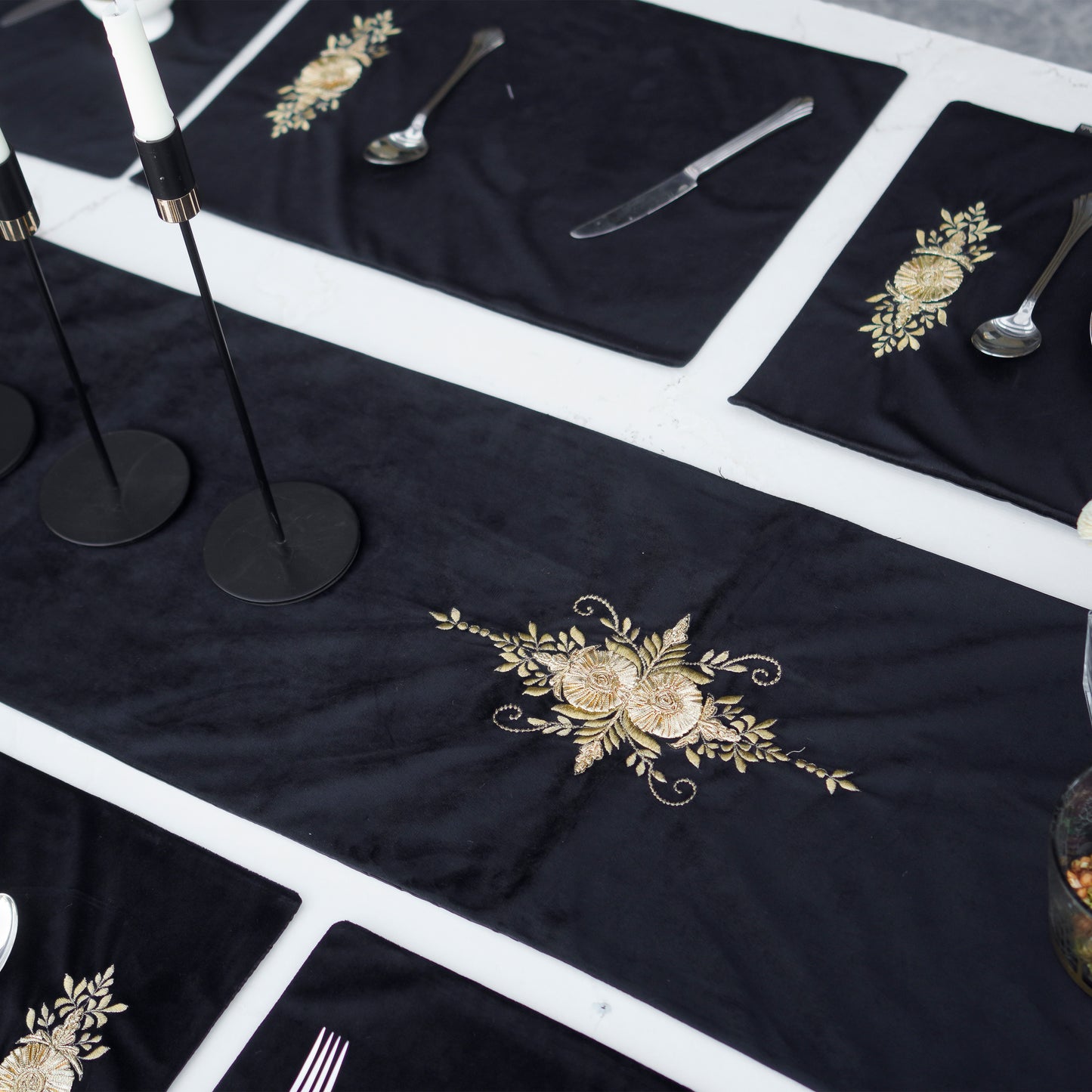 Grace Velvet Black Embroidered Table Set