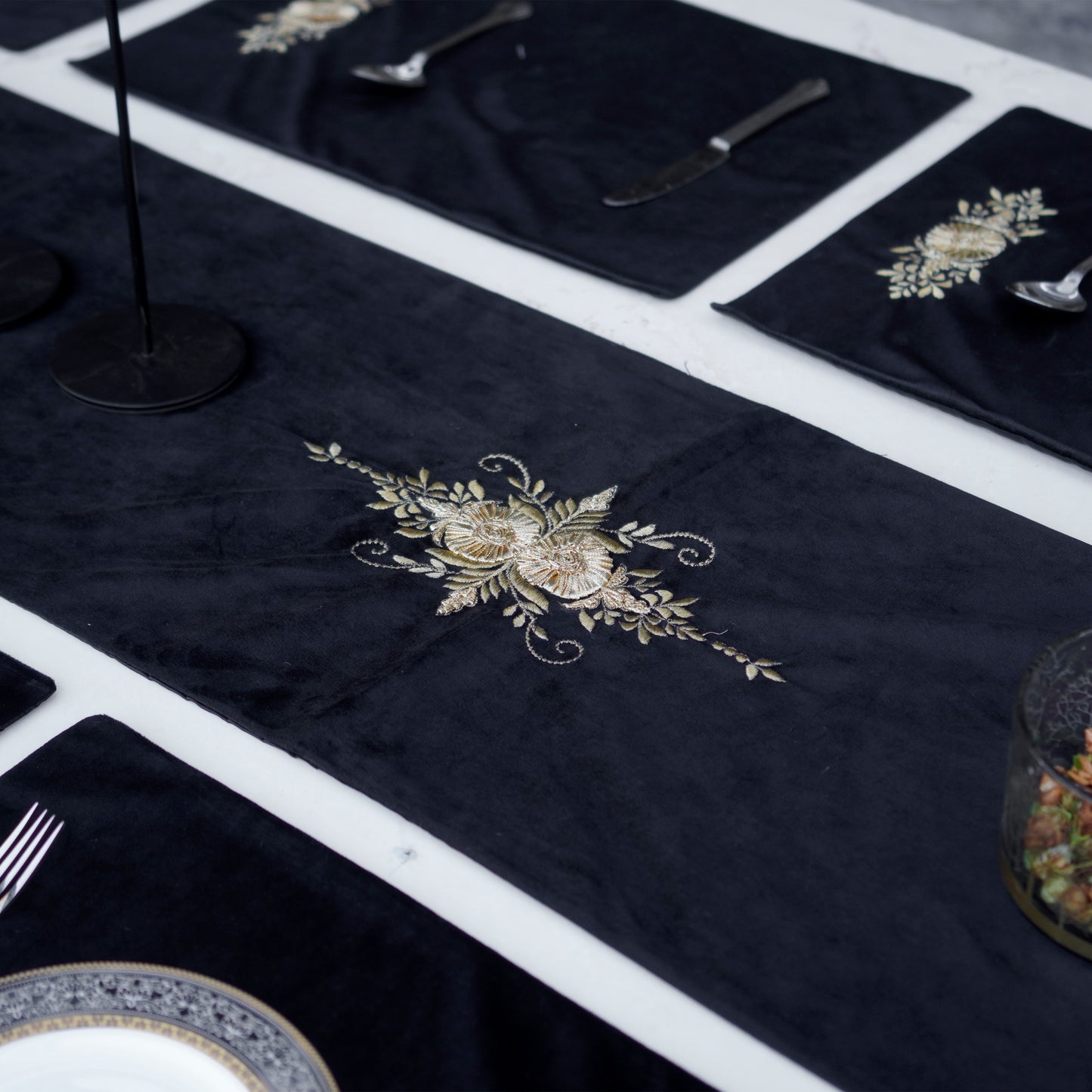 Grace Velvet Black Embroidered Table Set