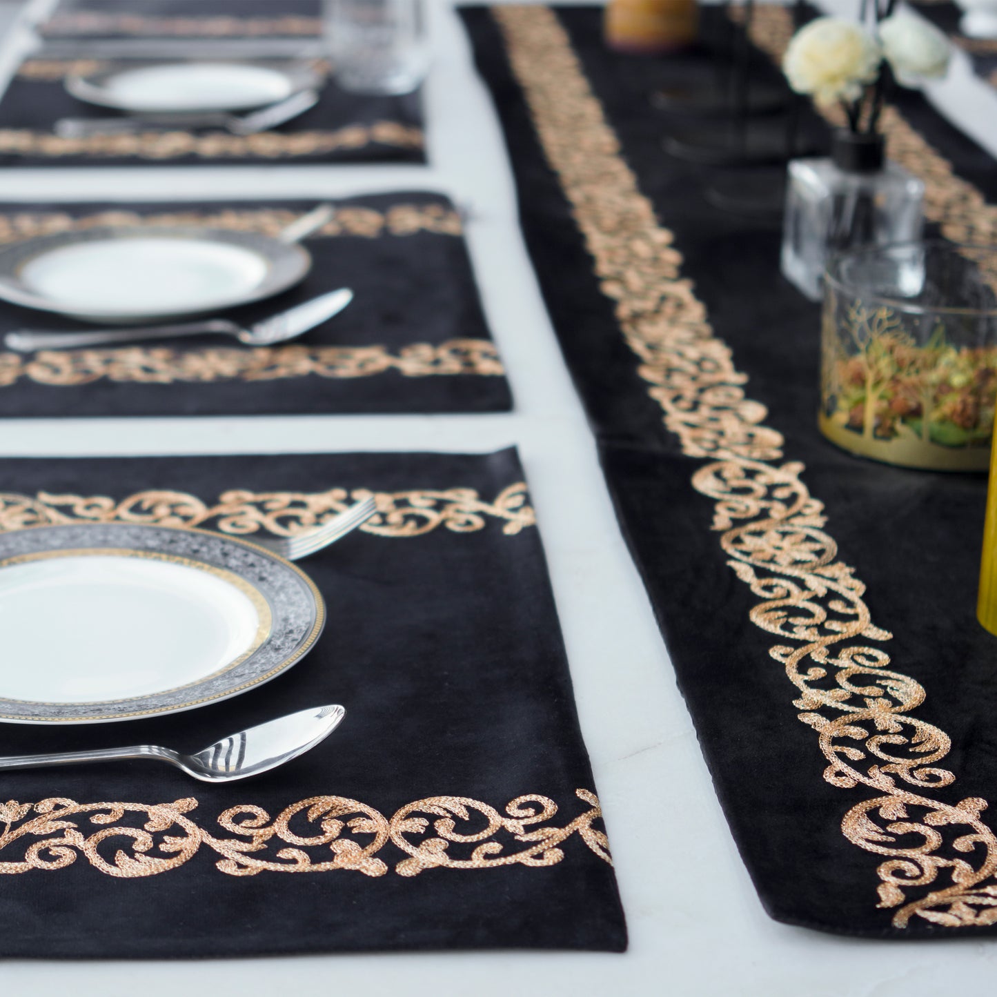Luxe Velvet Black Embroidered Table Set