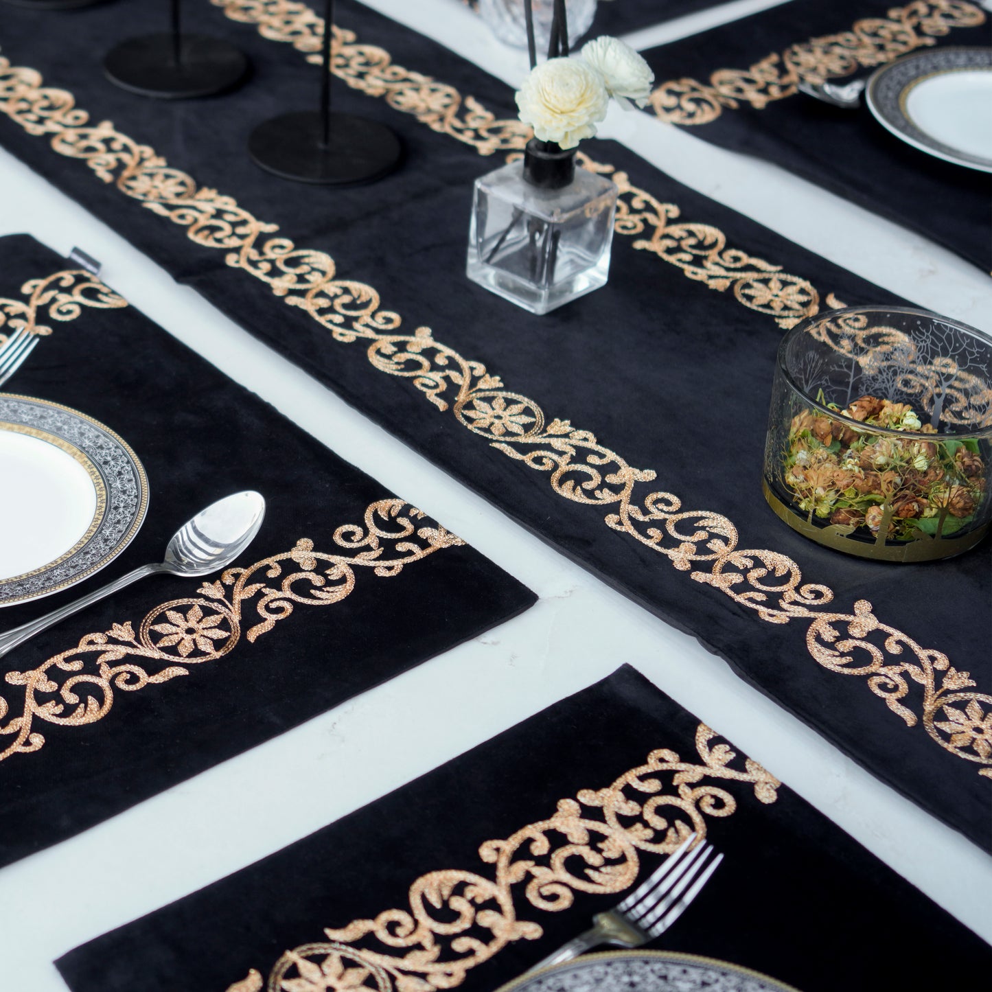 Luxe Velvet Black Embroidered Table Set