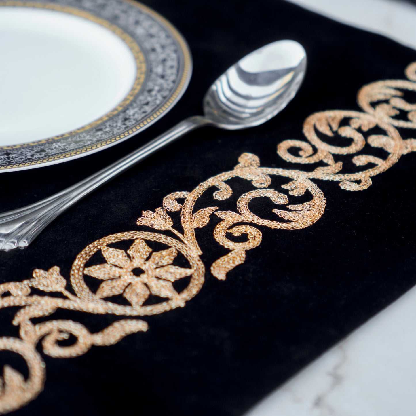 Luxe Velvet Black Embroidered Table Set