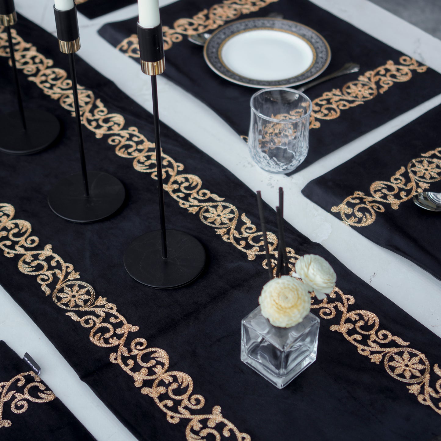 Luxe Velvet Black Embroidered Table Set