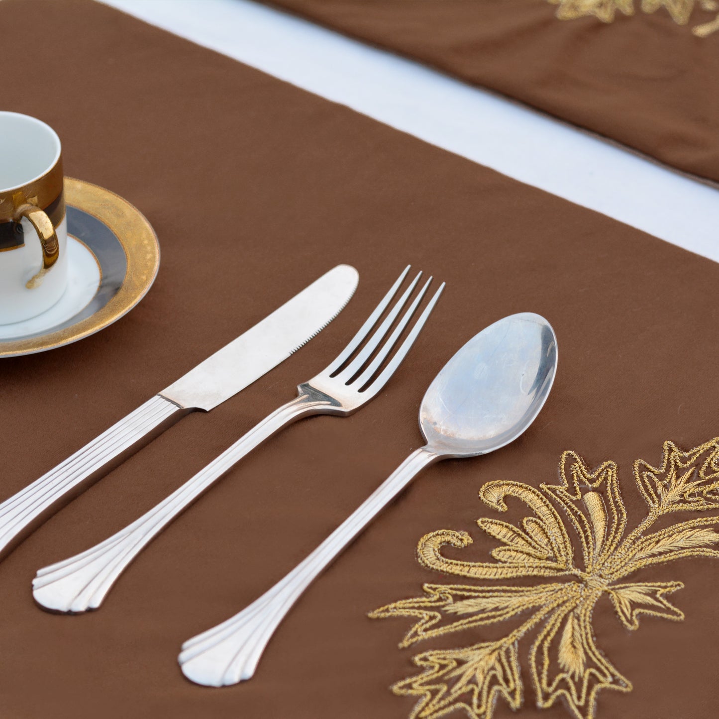 Trafford Brown Embroidered Velvet Table Set