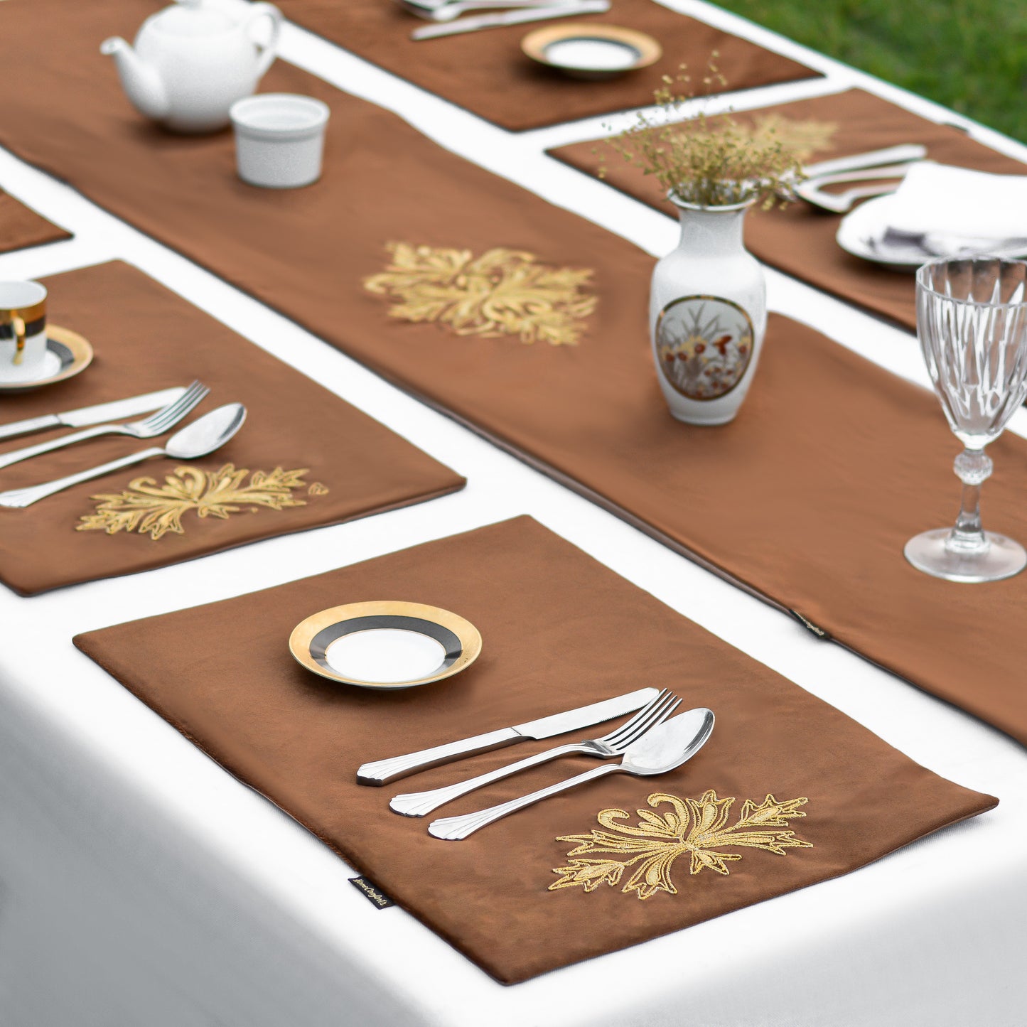 Trafford Brown Embroidered Velvet Table Set