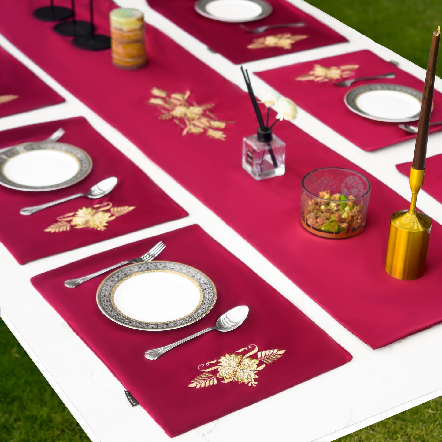 Spectrum Velvet Maroon Embroidered Table Set