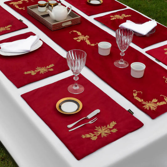 Maroon Lotus Embroidered Velvet Table Set