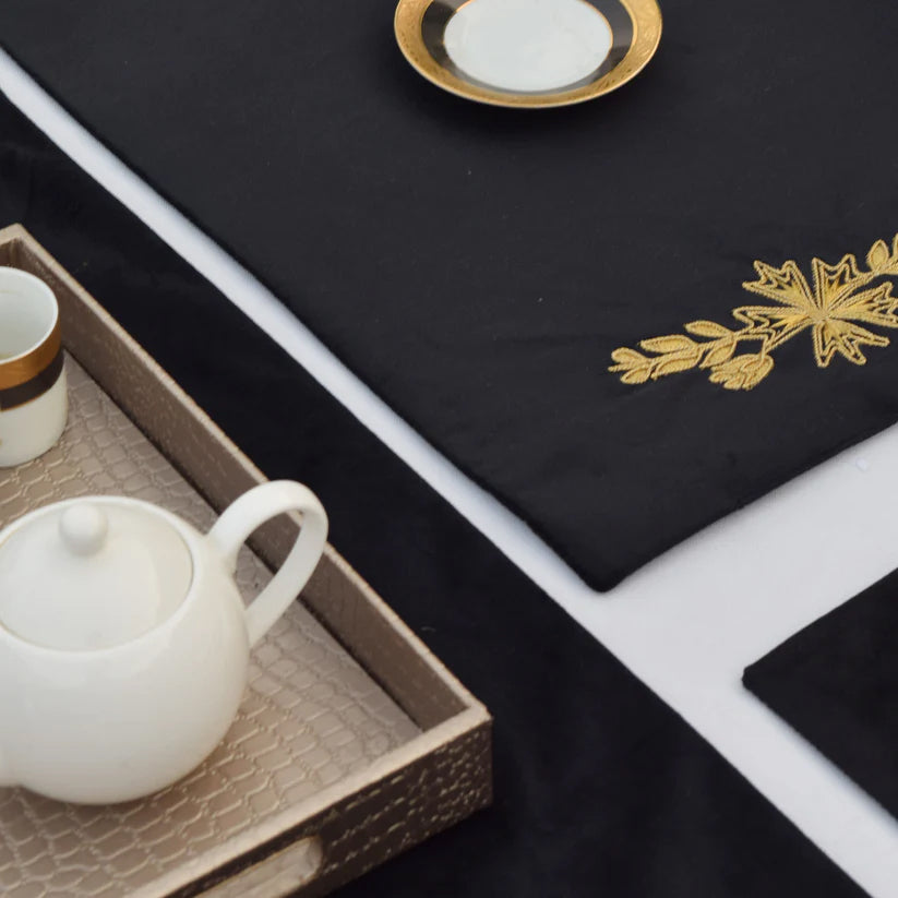 Black Lotus Embroidered Velvet Table Set