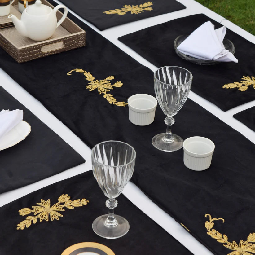 Black Lotus Embroidered Velvet Table Set