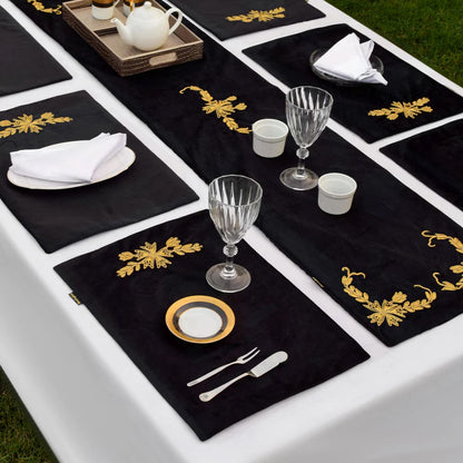 Black Lotus Embroidered Velvet Table Set