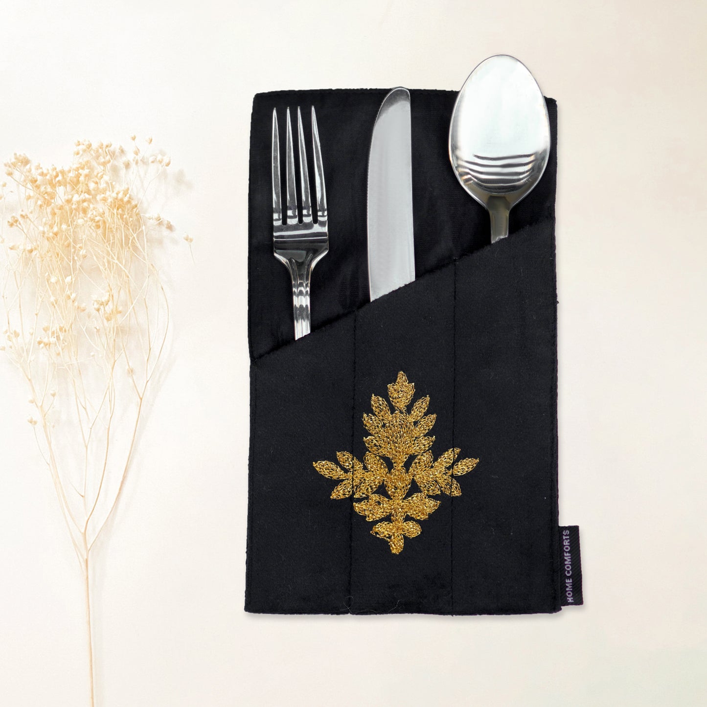 Luxe Velvet Black Embroidered Cutlery Holders