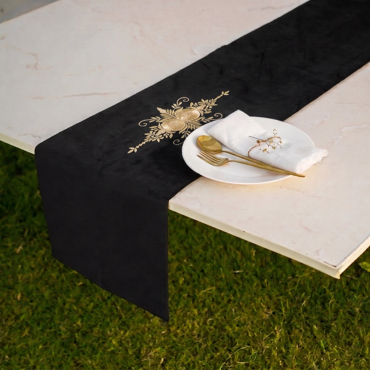 Grace Velvet Black Embroidered Table Runner