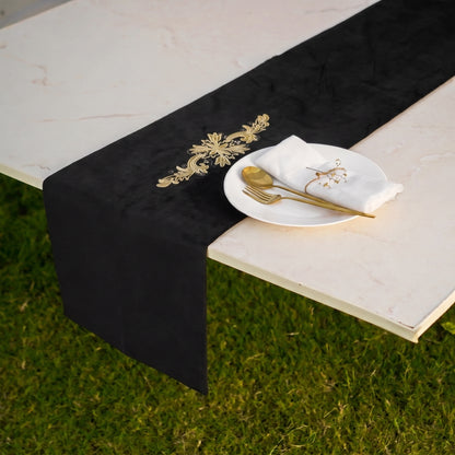 Charm Velvet Black Embroidered Table Runner