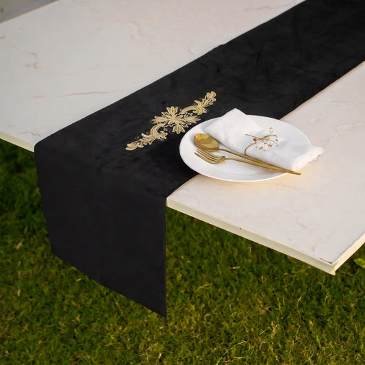Charm Velvet Black Embroidered Table Runner
