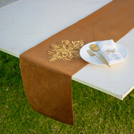 Trafford Brown Embroidered Velvet Table Runner
