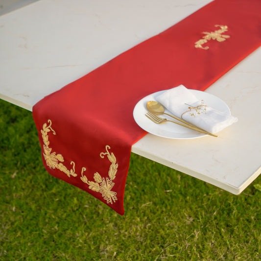 Maroon Lotus Embroidered Velvet Table Runner