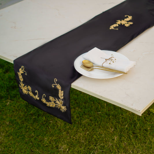 Black Lotus Embroidered Velvet Table Runner