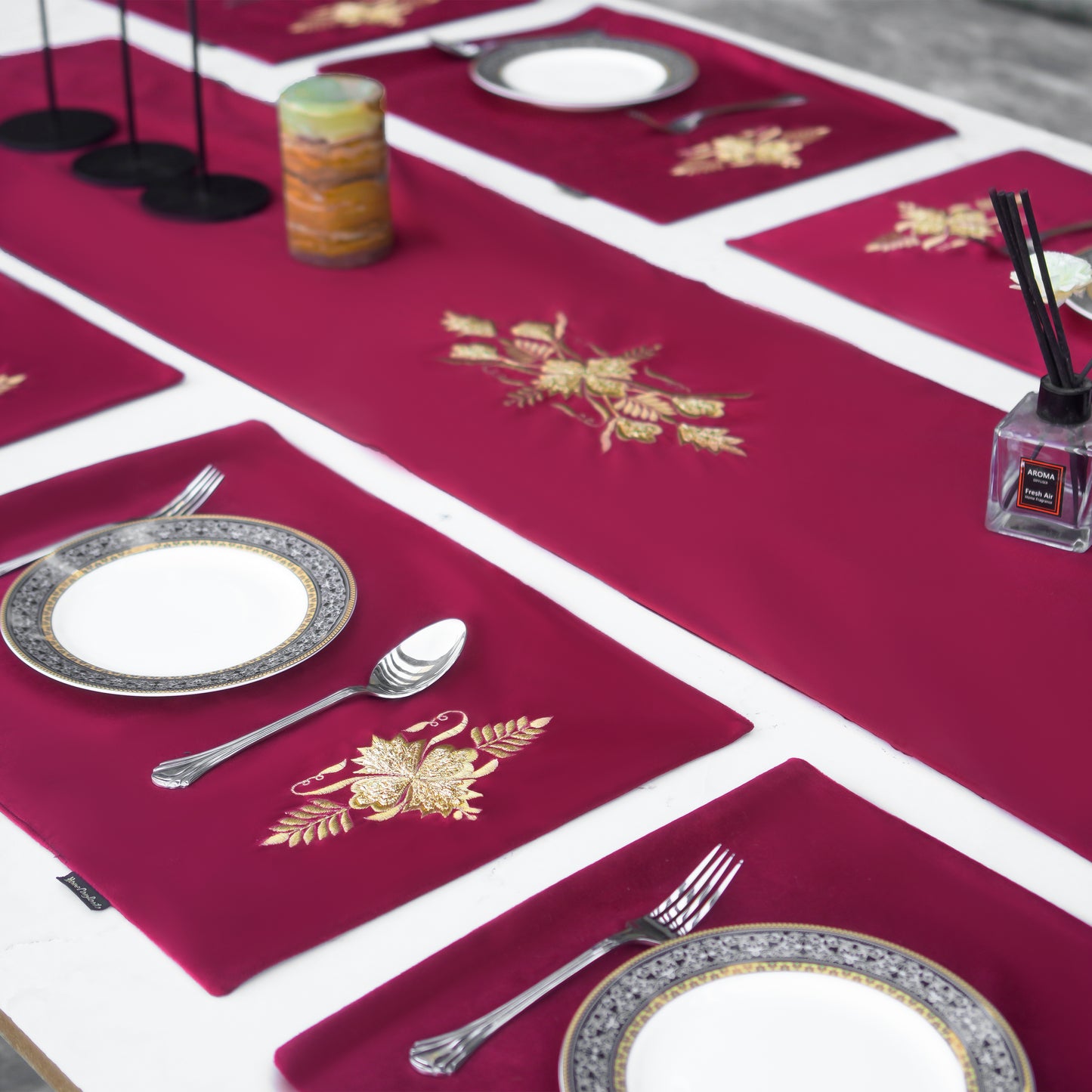 Spectrum Velvet Maroon Embroidered Table Set