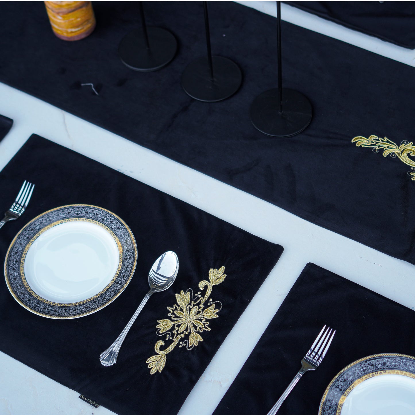 Charm Velvet Black Embroidered Table Set