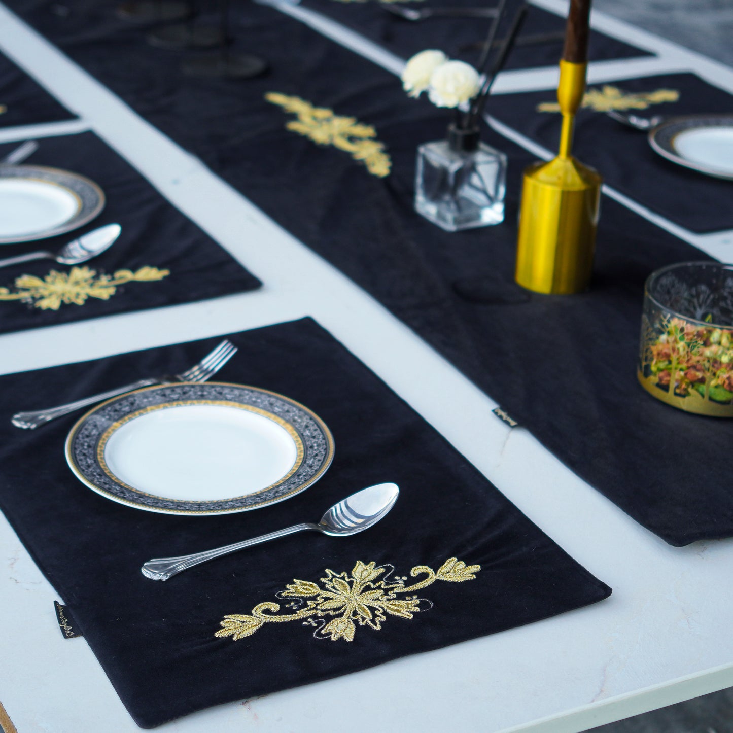 Charm Velvet Black Embroidered Table Set