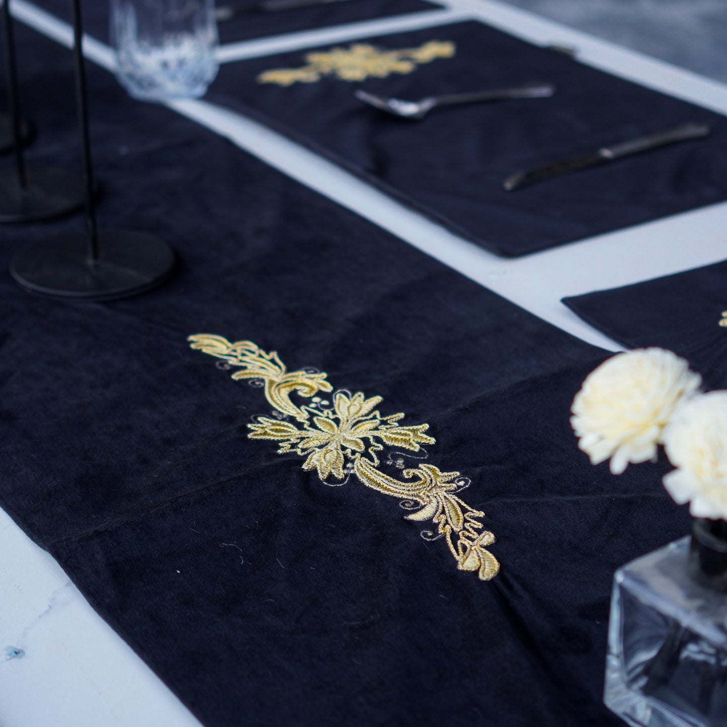 Charm Velvet Black Embroidered Table Set