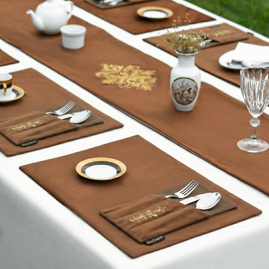Trafford Brown Embroidered Velvet Table Set