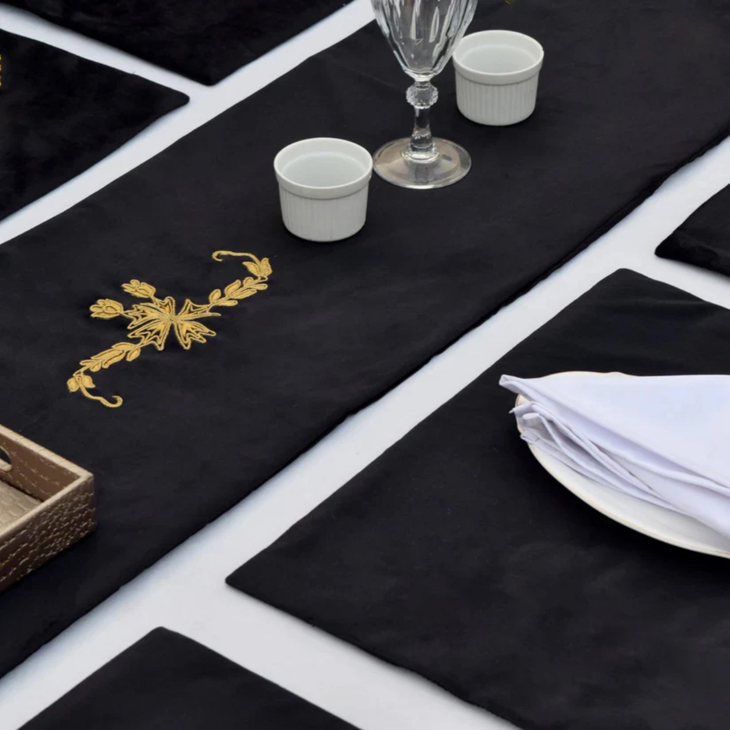 Black Lotus Embroidered Velvet Table Set