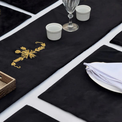 Black Lotus Embroidered Velvet Table Set