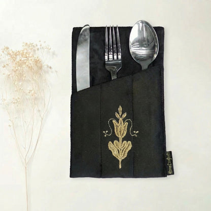 Charm Velvet Black Embroidered Table Set