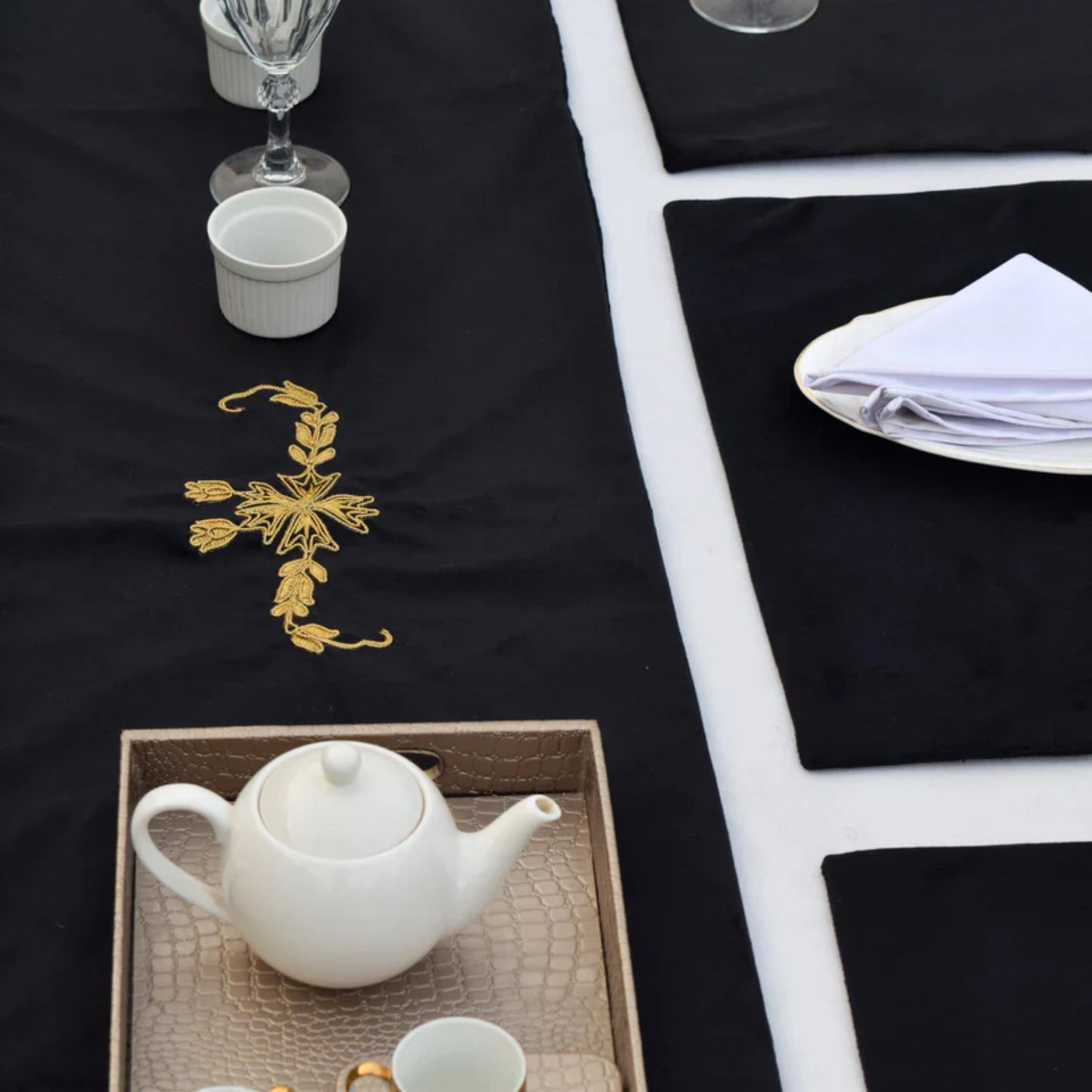 Black Lotus Embroidered Velvet Table Set