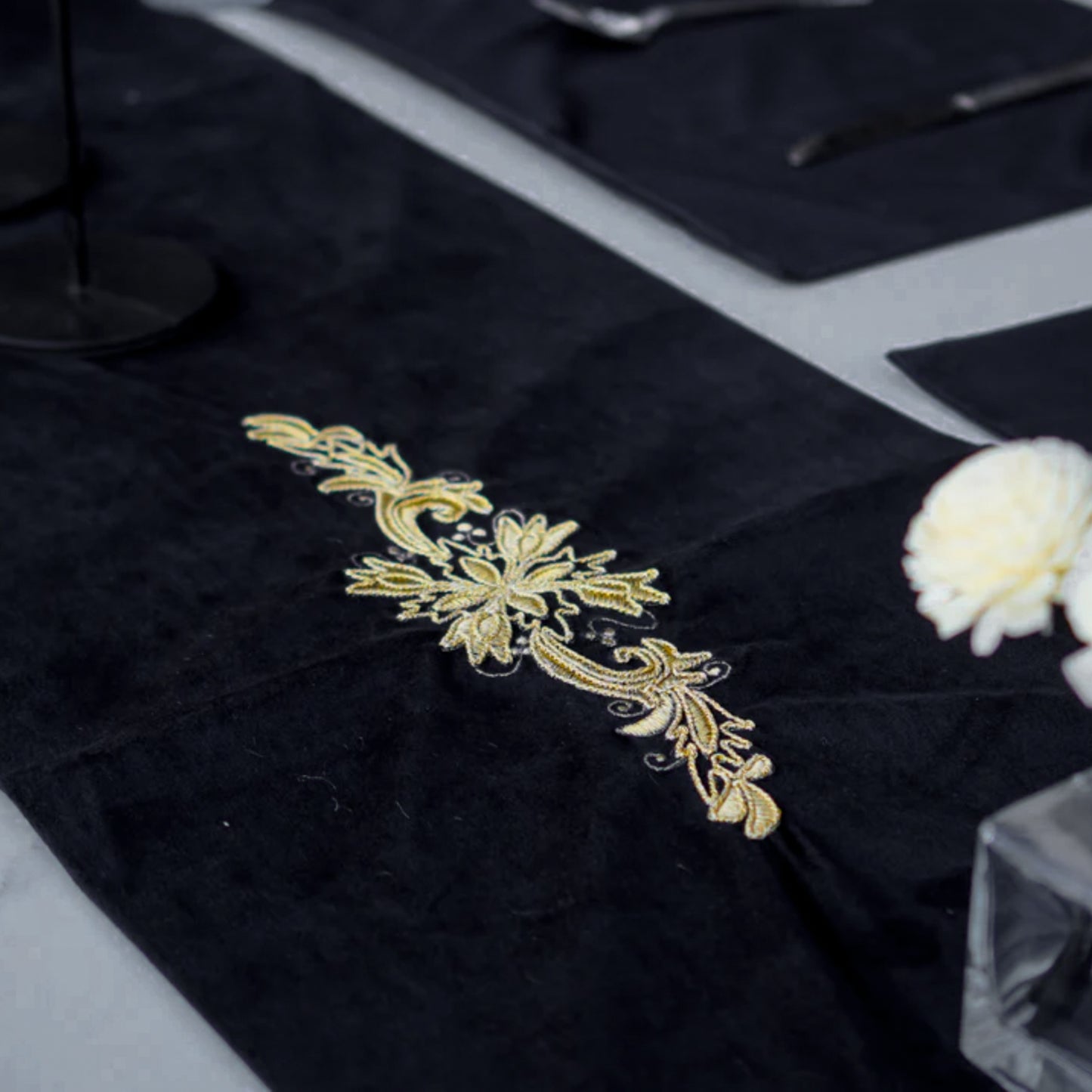 Charm Velvet Black Embroidered Table Set