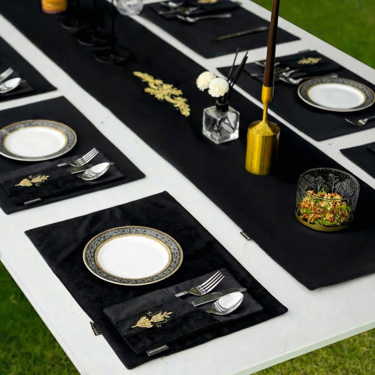 Charm Velvet Black Embroidered Table Set