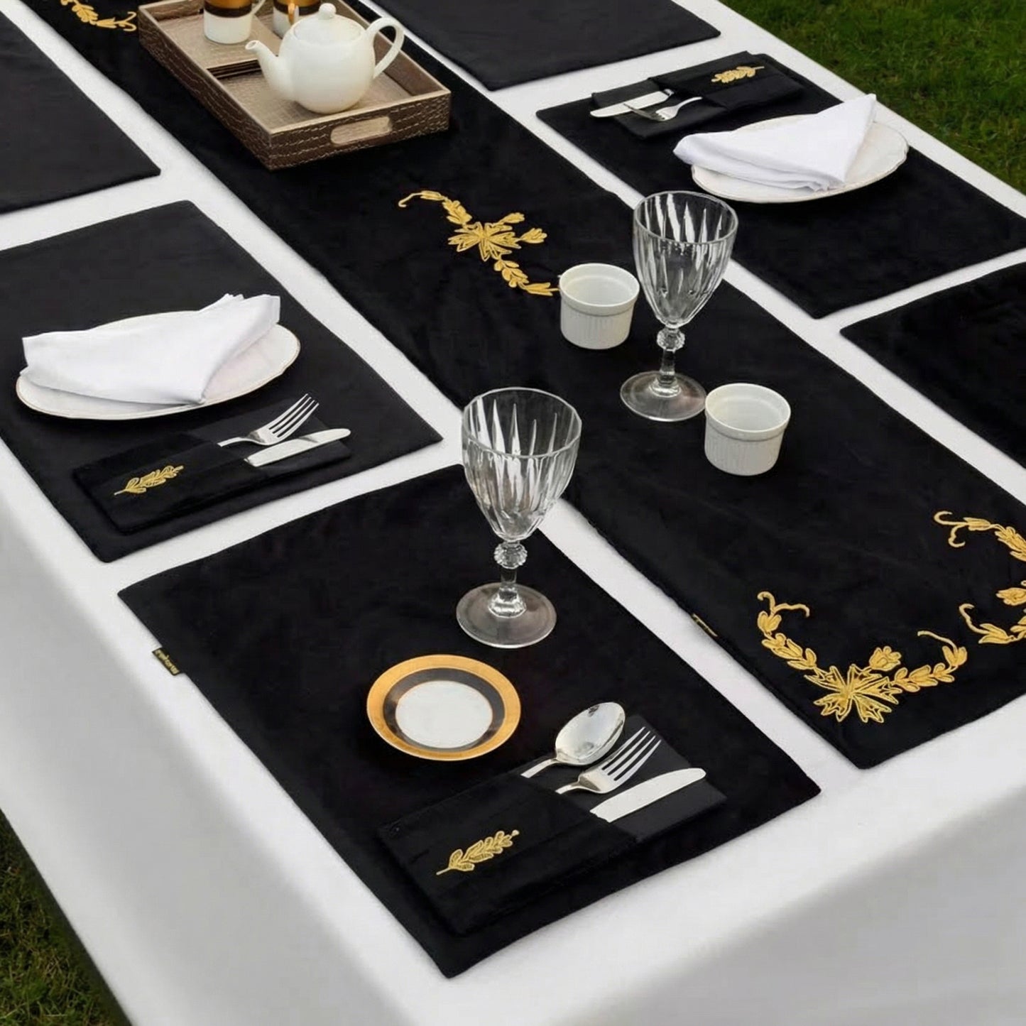 Black Lotus Embroidered Velvet Table Set