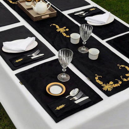 Black Lotus Embroidered Velvet Table Set